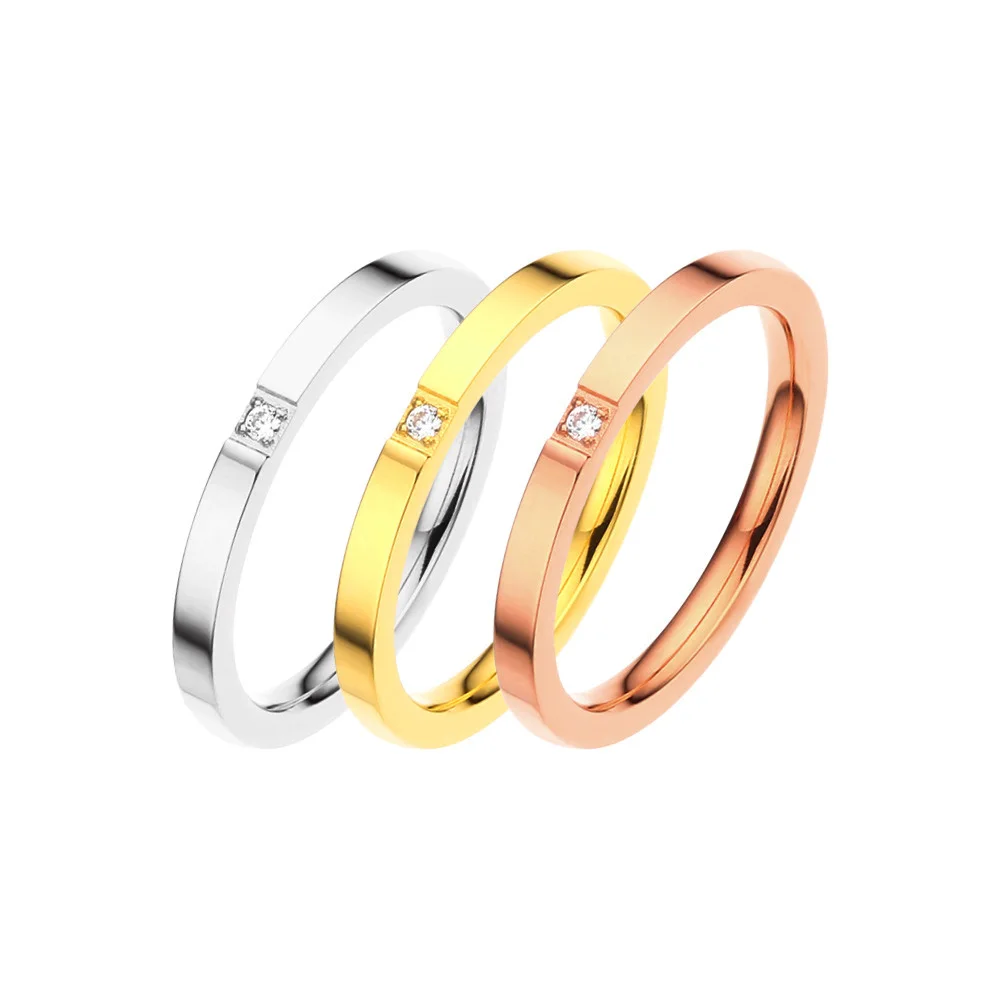 Simple Single Zircon Titanium Steel Ring 2MM Width 18K Gold Plated Waterproof Non Allergic Finger Jewelry for Women Girls Gift