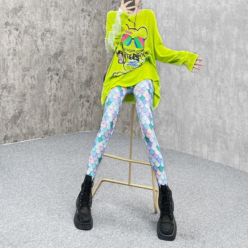 

Mesh leggings female summer wear thin high waist color green scales printed slim sunscreen stretch pants feet pants.