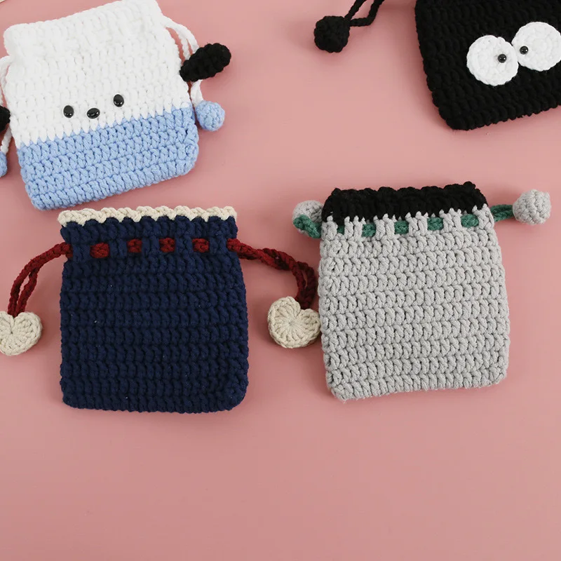 Cotton drawstring bag cute knitted storage bag for woman small Coin purses pouch children lipstick holder for girls high quality