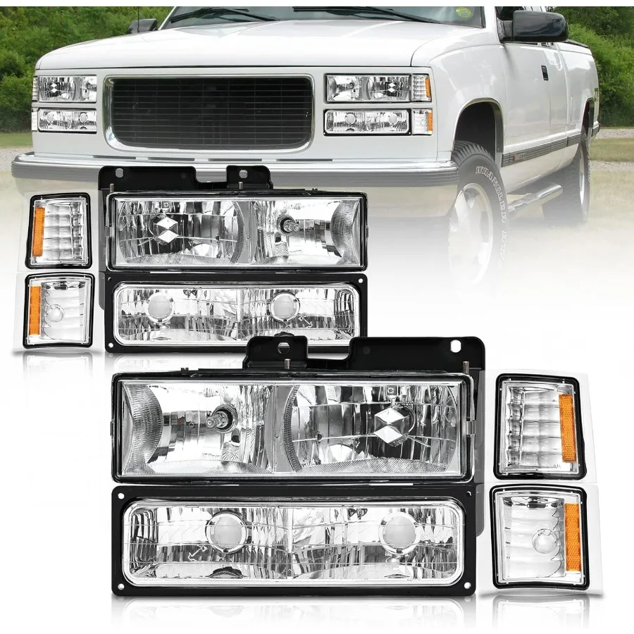 

Headlights sembly For 1994 1995 1996 1997 1998 Chevy Silverado / 94 95 96 97 98 Tahoe/Suburban/C10 Chrome Housing Headlight+Corn