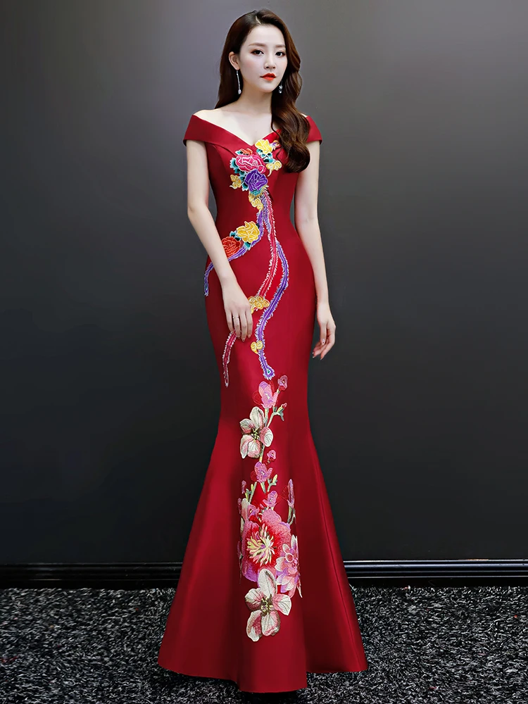 

Ziyuan Xuan Long Red Slim Fit Evening Gown Embroidered One oulder Host Performance Costume Wedding Par owcase
