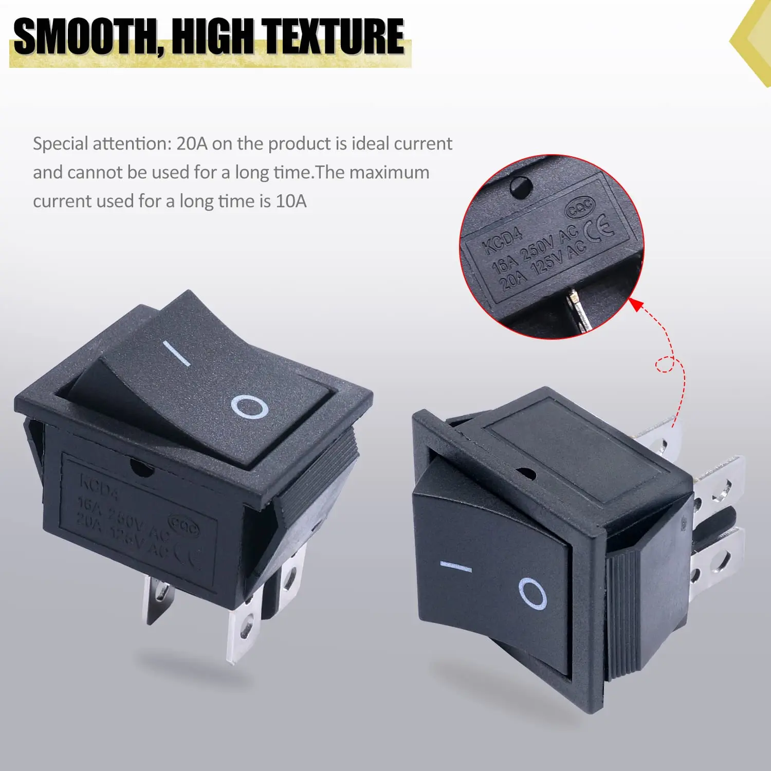 10pcs KCD4 Rocker Switch 4 Pin 2 Position DPST On Off Black Mini Boat Rocker Switch 20A 125VAC 16A 250VAC Snap-in Square Toggle