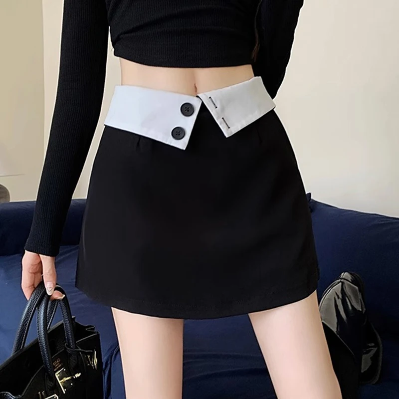 Fashion Pinstripes Mini Skirt Women Chic Color Block Folded Waistband A Line Skirt Spring Autumn High Waist Streetwear Y2K Skirt
