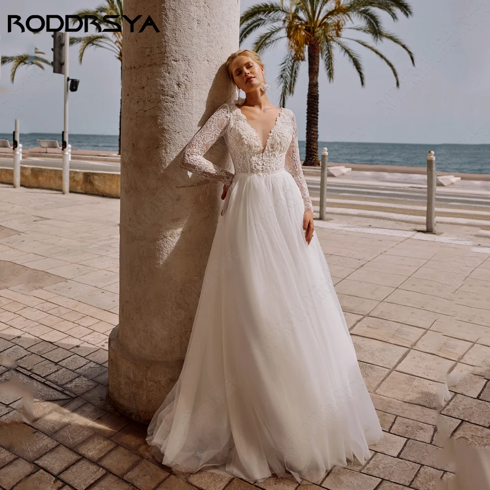 RODDRSYA Civil Wedding Dress For 2024 Bride Long Sleeves Double V-Neck Bride Gowns A-Line Tulle Applique Vestidos De Novia