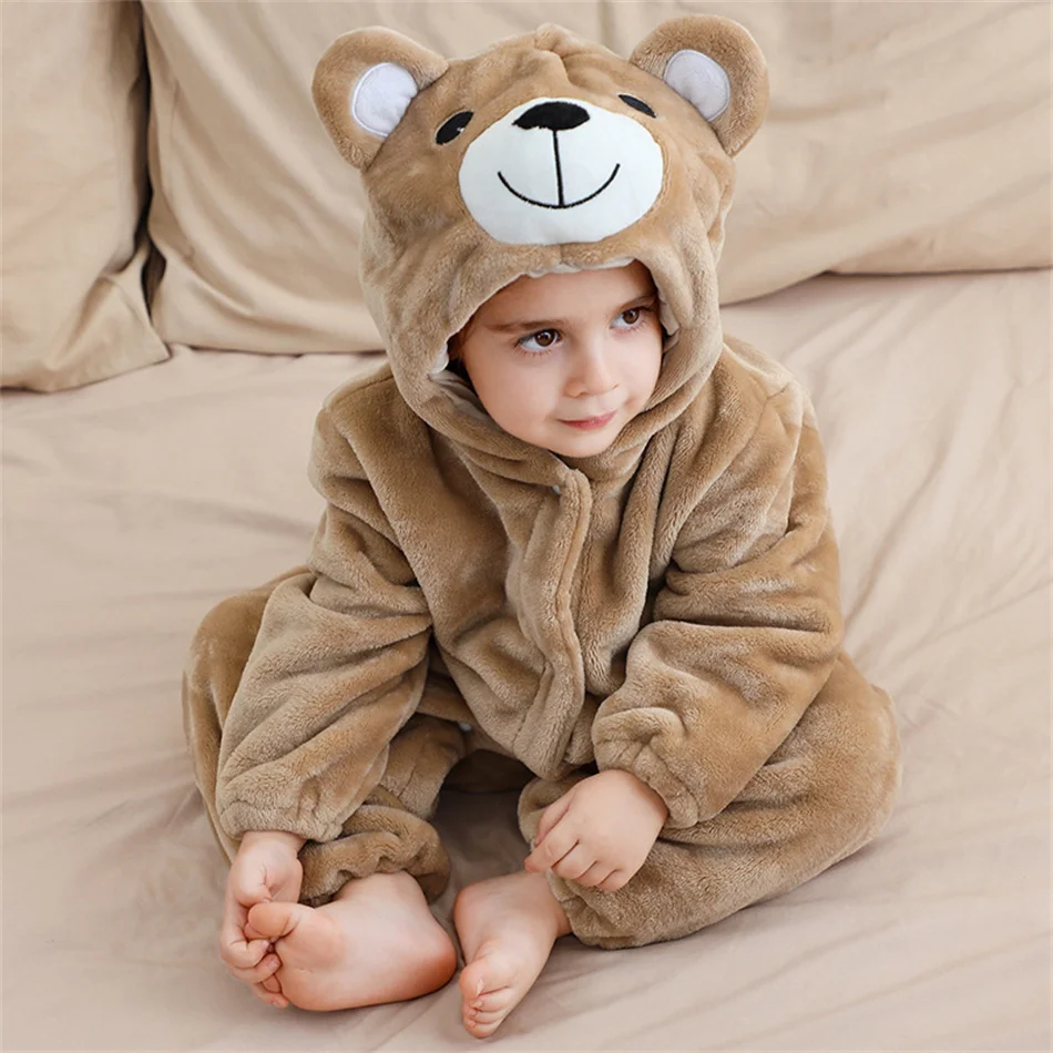 Children Flannel Long Sleeves Cartoon Pajamas Infant Little Bear Homewear Baby Girls Boys Solid Jumpsuits Toddler Cute Rompers