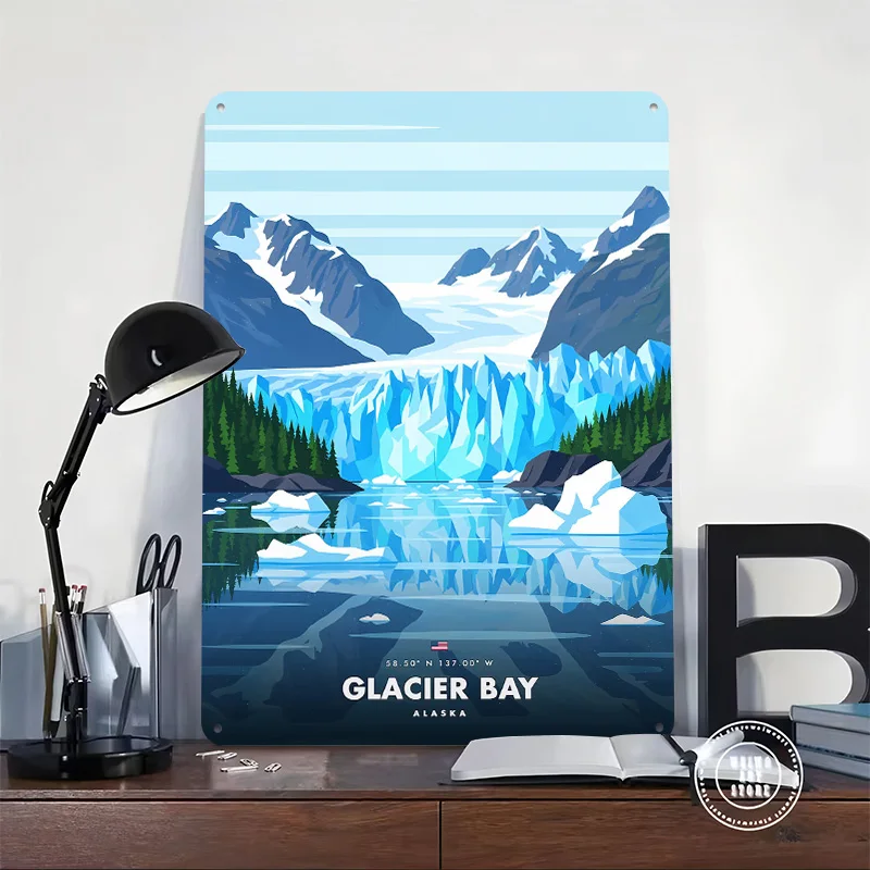 Glacier Bay Alaska Landscape Personalized 3D Textured Metal Poster Wall Art Tinplate Sign for Vintage Decor Room Wand Deko Home