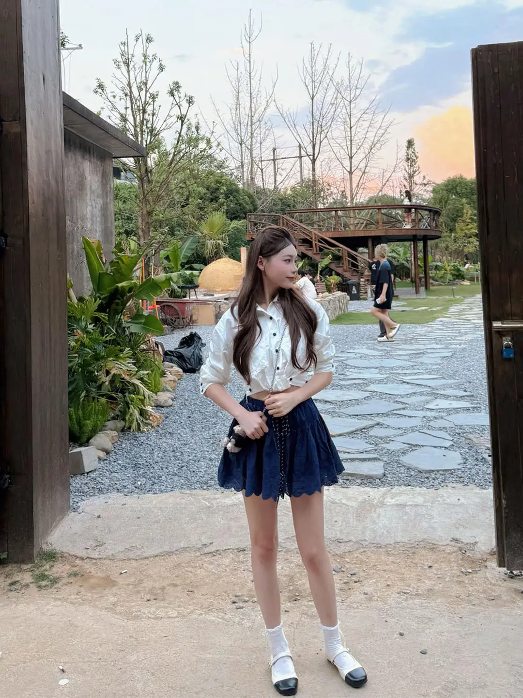 

White Contrast Color Collar Short Shirt Women's Spring Korean Style Versatile Slimming Half Skirt One Whole Set Summer Fashion