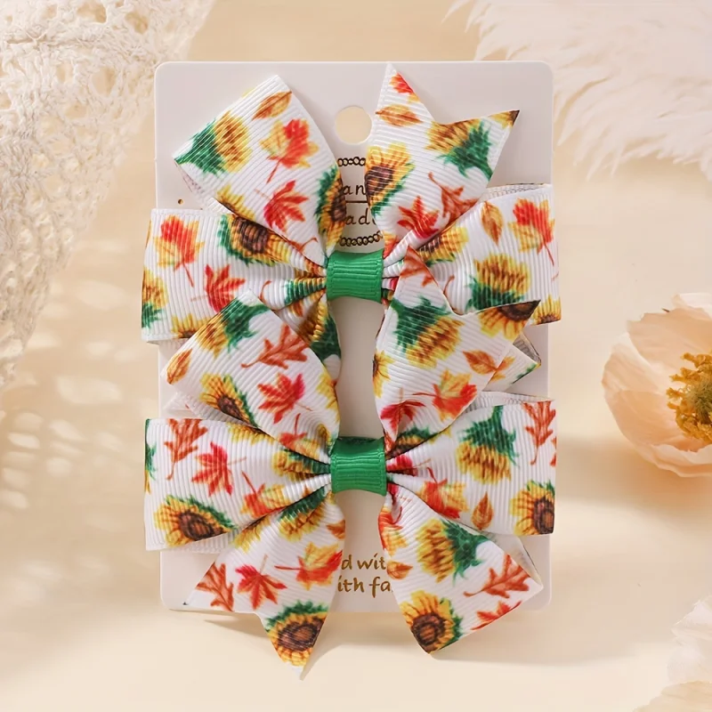 2pcs Thanksgiving Day Bow Hair Clips for Baby Girls Pumkin Printed Ribbon Bowknot Hairpins Barrette Kid Headwear Hair Accessorie