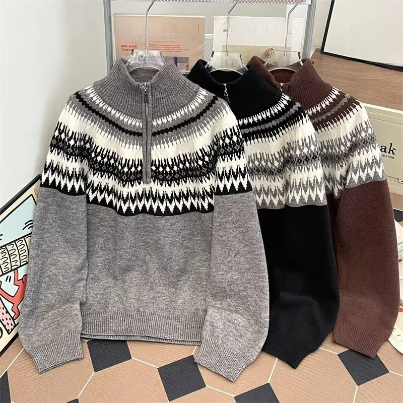 

Loose Fit Autumn Winter Large Size 250 Pou f Zip Wool Fair Isle Knit Sweater Lazy High End Feelings Men's Knitted Sweater