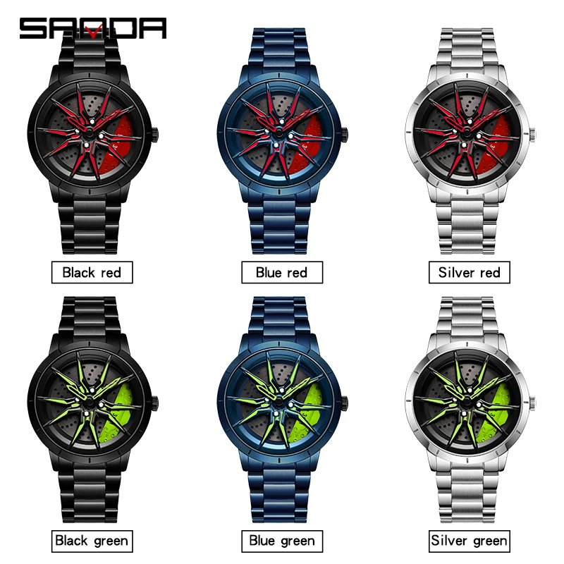 SANDA P1089 New Arrival Car Spinning Rim Hub Custom Design Quartz Watches Waterproof Wheel Watch Volk Racing Rays Wristwatch