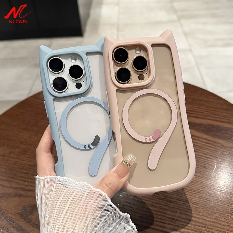 Ins Cute Cat Tail Magsafe Phone Case For iPhone 16 15 14 13 11 12 Pro Max Cat Ear Bumper Transparent Shockproof Hard PC Cover