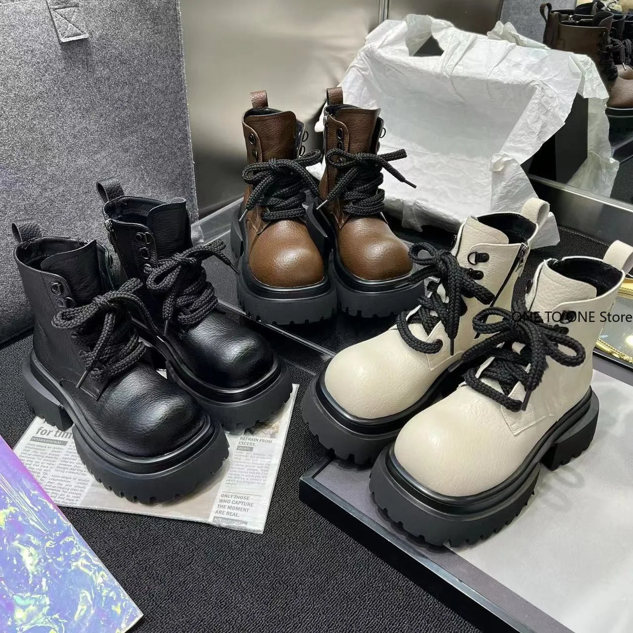 

Женские лоферы, новинка 2025, туфли с круглым носком, на шнуровке, с большим носком, на толстом каблуке, водонепроницаемые мотоциклетные ботинки на толстой подошве, короткие ботинки