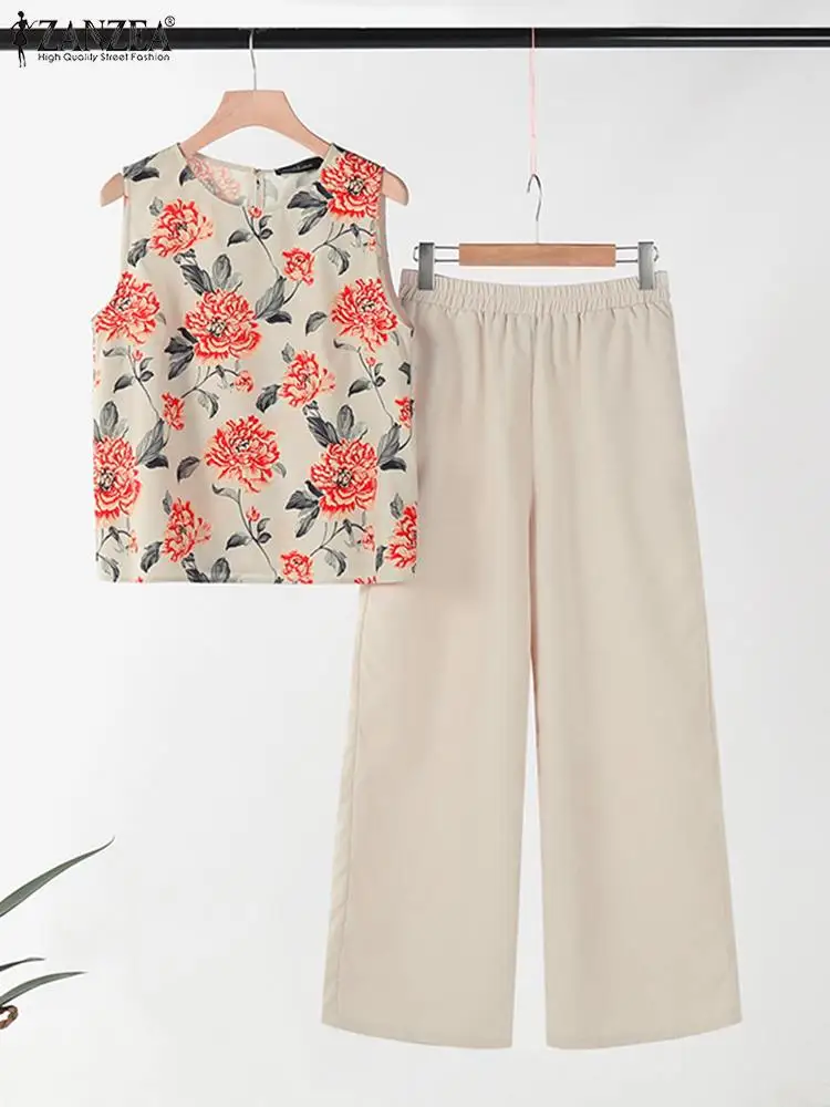 Set di pantaloni da donna eleganti ZANZEA 2 pezzi camicetta stampata senza maniche alla moda OL pantaloni a gamba larga tuta 2024 tute floreali estive