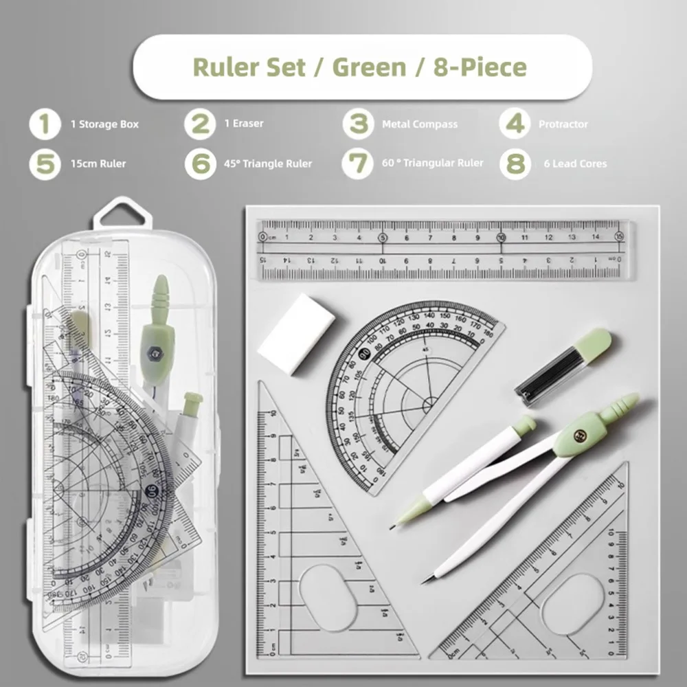 8PCS/Set Plastic Ruler Compasses Set Eraser Transparent Measuring Ruler Straight Ruler Set Square Protractor School Office