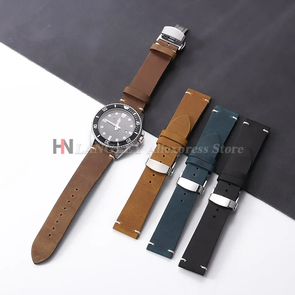 Vintage Cowhide Watch Strap 18mm 20mm 21mm 22mm 24mm for Samsung Watch 7/6/5 Butterfly Buckle Brown Bracelet for Omega for Seiko image 4