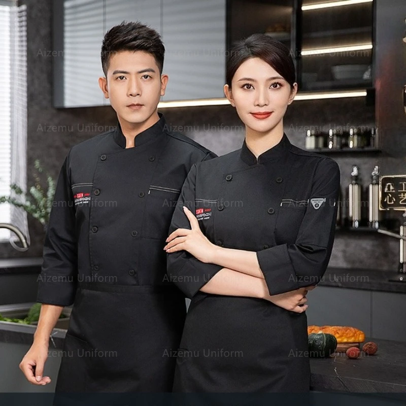 سترة الطاهي السوداء للمطاعم بأكمام طويلة زي الطاهي معطف الطبخ تي شيرت الشيف بيكر زي العمل النادل ملابس الفنادق شعار النساء