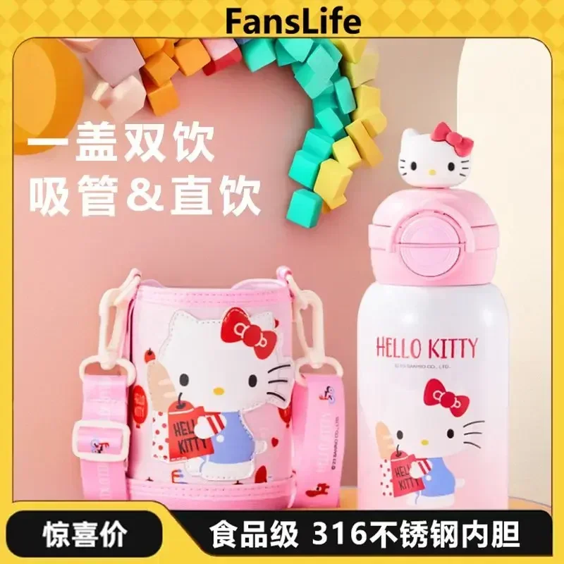 Sanrio Hello Kitty Anime Kawaii Children Thermos Cup Cute Cinnamoroll Cartoon Hangyodon Stainless Steel Straw Crossbody Bottle