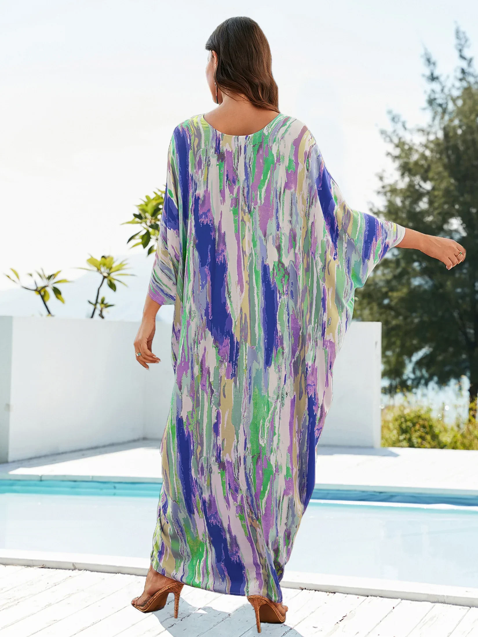 Sexy V-neck Tie dye Batwing Sleeve Oversized Summer Kaftan Moo Moo Dress For Women's Vacation Cozy House Dresses Tunic Q1616