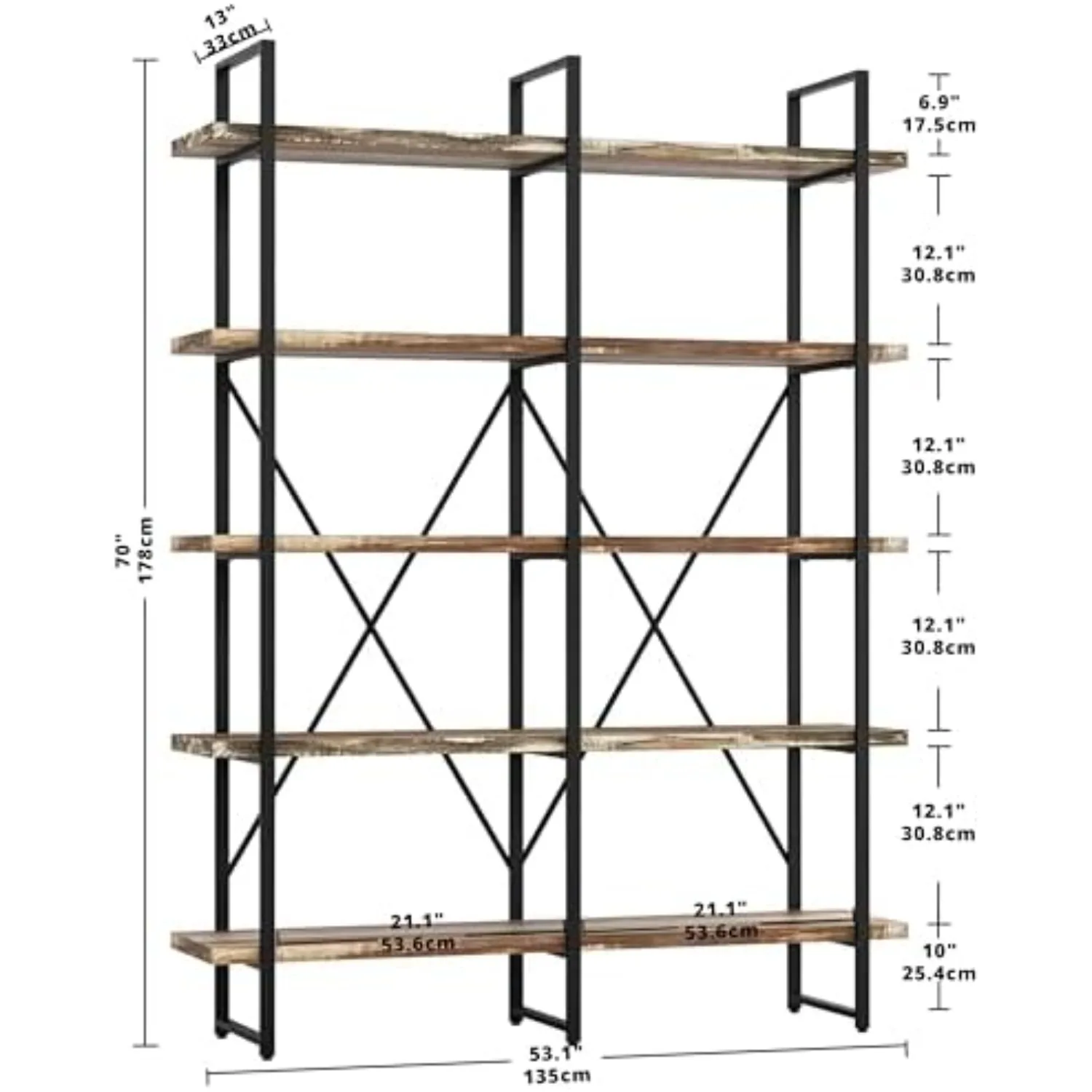 Bookshelf, Double Wide 5-Tier Open Bookcase Vintage Industrial Large Shelves, Wood and Metal Etagere Bookshelves, for
