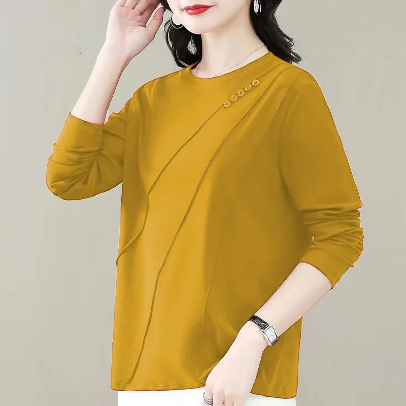 2023 Spring Autumn New Solid Color Fashion Round Neck Long Sleeve T-Shirts Women Casual Loose Button Elegant All-match Pullovers