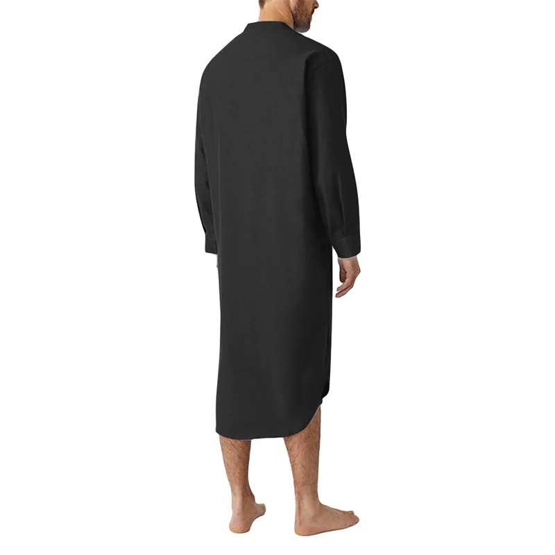 Robe en lin à col en V pour hommes, manches courtes retroussées, robe de nuit longue, chemise décontractée, caftan avec poche, monochromatique