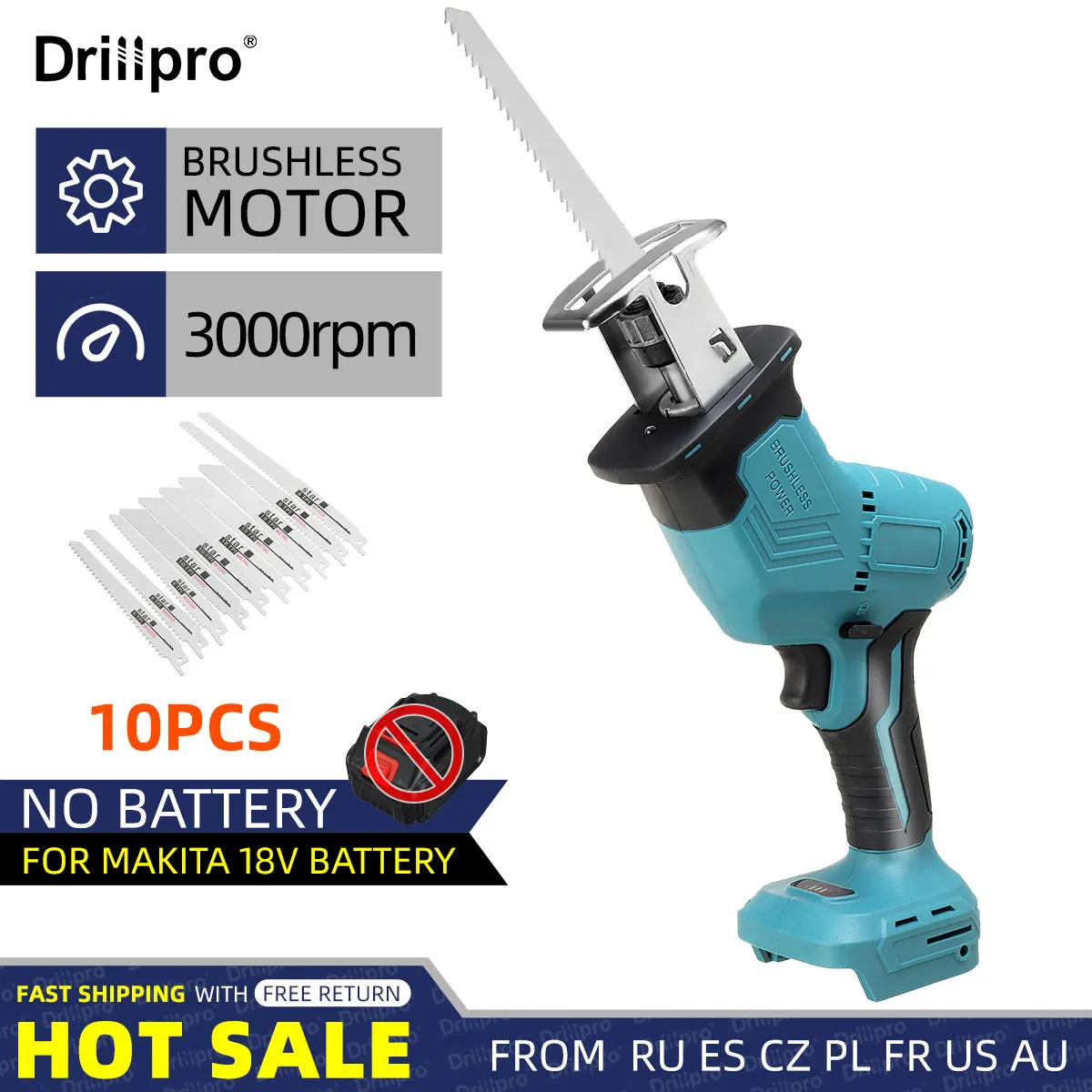 Drillpro 3000rpm Brushless Reciprocating Saw Electric Saw 10Pcs Saw Blades Metal Wood Cutting Machine for Makita 18V Battery