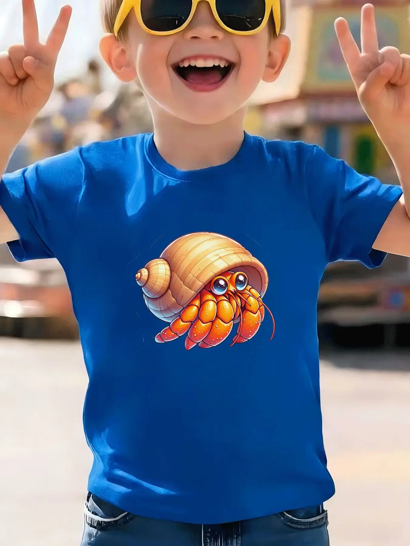 Children's Summer Leisure Trend Cartoon Sea Crab Pattern T-shirt, Summer Holiday Gift, Daily Parent-child Wear