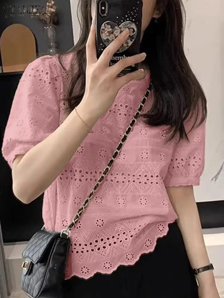 ZANZEA Korean Fashion Hollow Out Shirts Solid Lace Embroidery Women O Neck Blouses Puff Short Sleeve Casual Summer 2024 Blusas