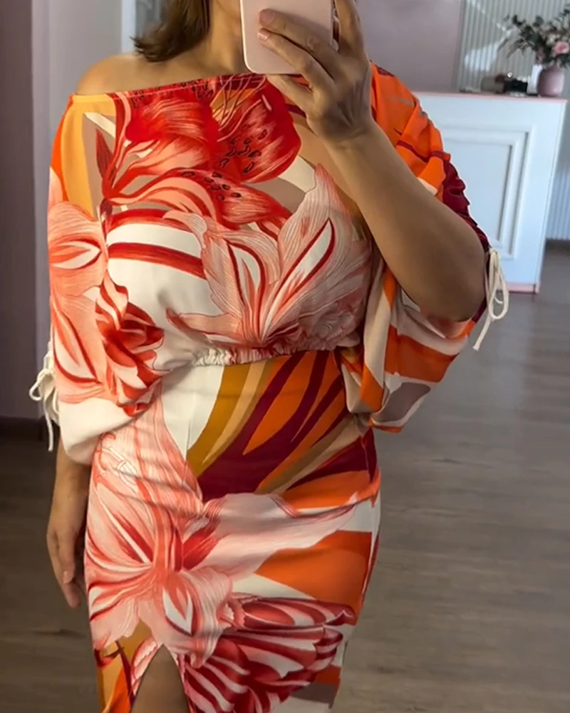 กระโปรงสตรี 2 ชิ้นชุดพิมพ์ลายดอกไม้ปิดไหล่ด้านข้าง Drawstring Crop Top & Casual เอวสูง Bodycon Slit ชุดกระโปรง