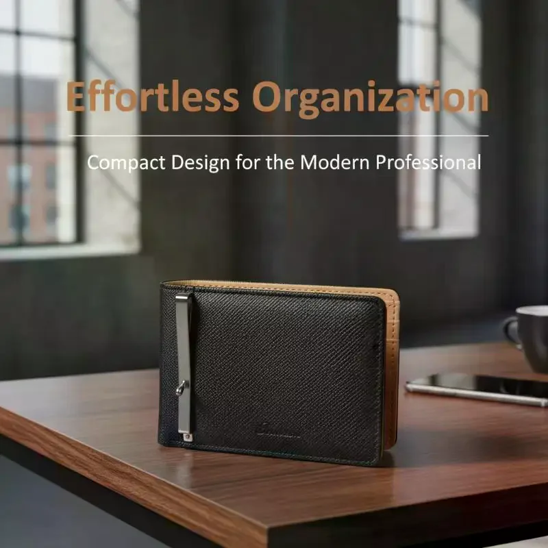 Slim Cross-Grain Leather Money Clip Wallet: Black/Coffee Brown with Multi-Card Slots - Perfect for Business Travel & Daily Carry