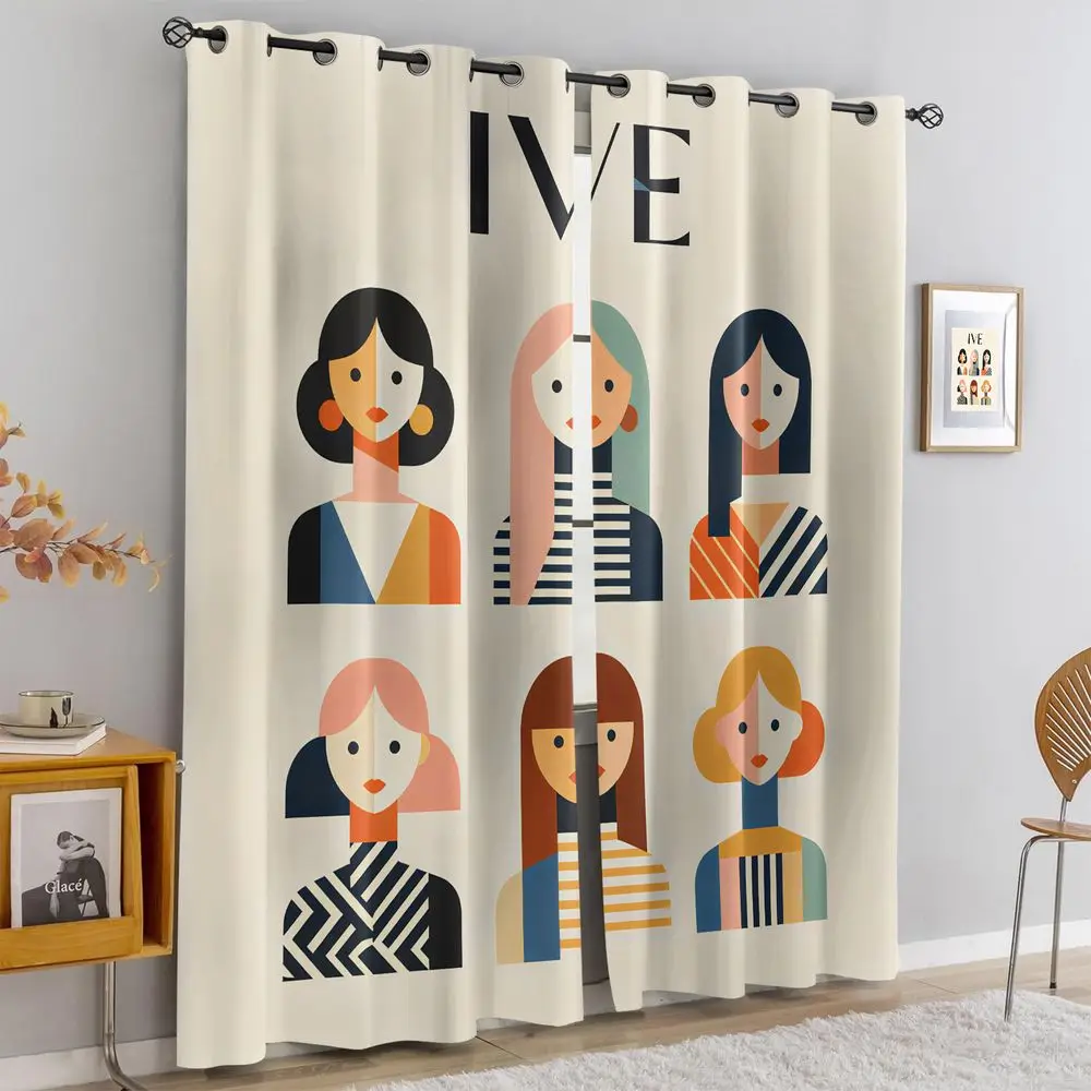 Geometric Retro Girls Printed Curtains 2 Panels Light Blocking Rate 85% Darkening Decoration Curtains Vintage Window Decor