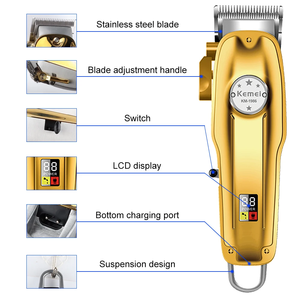 Kemei KM-1986PG Rechargeable Hair Trimmer For Barber Men Electric Beard Shaver Hair Clipper Professional Hair Cutting Machine