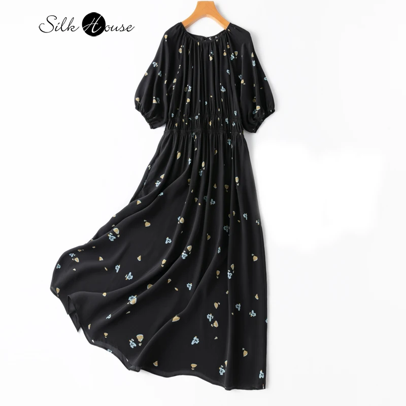 

Ultimate Elegant Black Fragmented Silk Crepe Double Neck Raglan Lantern Sleeve Elastic Double Waist Line Women's Fashion Dress