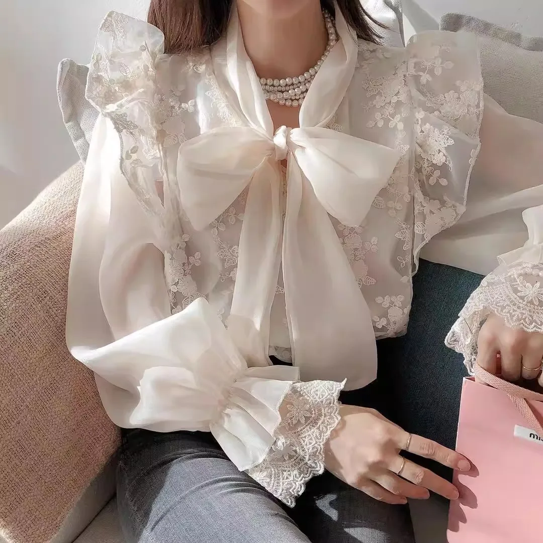 French Palace Princess Style Embroidery Lace Shirt Women 2026 New Spring Flare Sleeve Strap Bow Top Stunning Chic Apricot Blouse