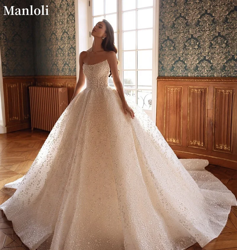 

Элегантное и сверкающее свадебное платье принцессы без бретелек, тюлевое свадебное бальное платье, свадебное платье трапециевидной формы по индивидуальному заказу