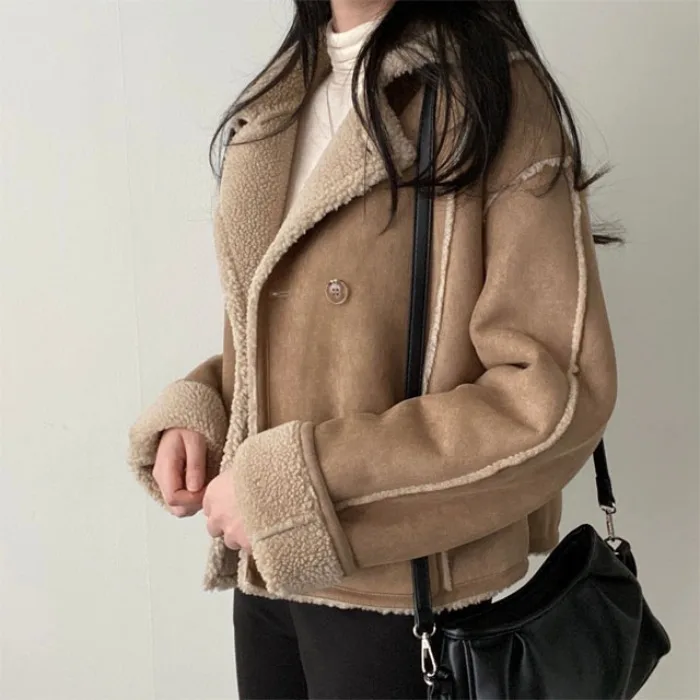 

Шикарный корейский женский замшевый топ Jaet, двубортный длинный костюм-свек с воротником, осень-зима, универсальный топ для поездок на работу