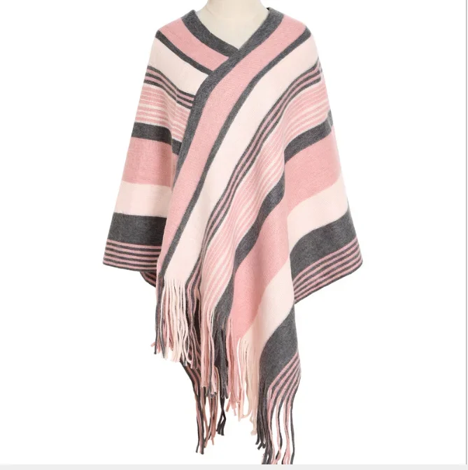 Autumn Winter Brushed Color Striped Knitted Shawl Women's Imitation Cashmere Warm Pullover Cloak Girl Outdoor Pink