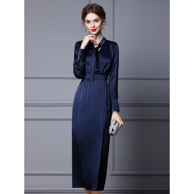 

2024 Autumn New Dress Waist Slimming High-Grade Elegant Graceful Dark Blue Satin Long Skirt