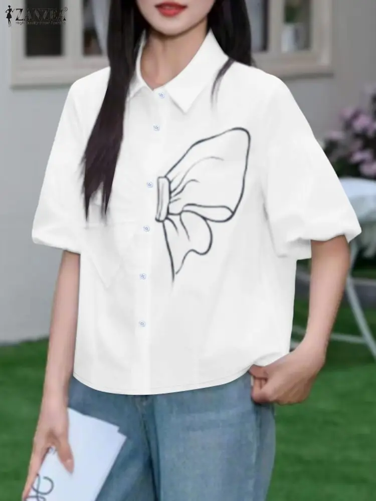 ZANZEA Dames Geborduurde Strikdetailoverhemden 2025, Zomer Casual Korte Lantaarnmouwen Turn-Down Kraag Button Up Shirt Streetwear