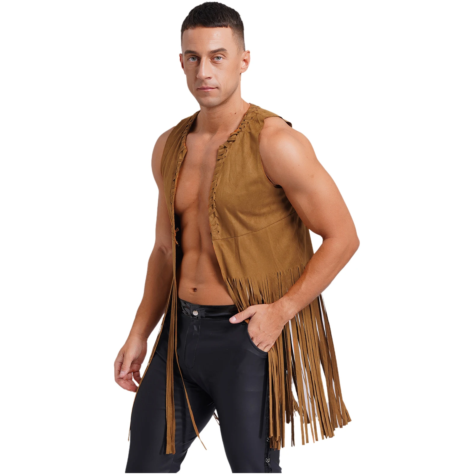 

Mens Vintage Fringe Hippy Long Waistcoat Western Cowboy Vest Brown Open Front Suede Tank Top Costume for Halloween Cosplay Rave