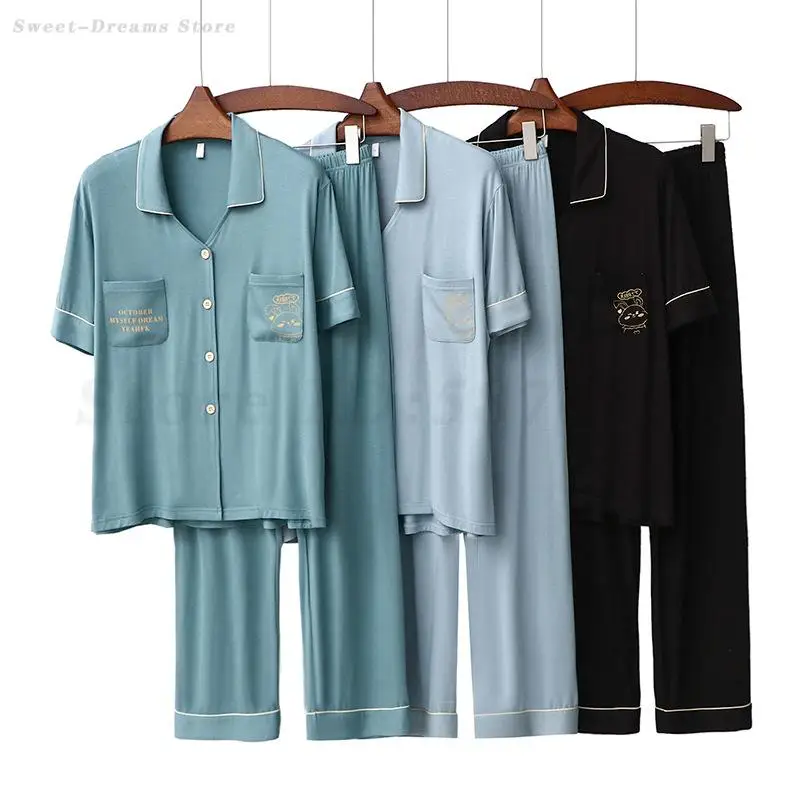 New Female Modal Pajamas Set Simple Solid Color Sleepwear Short Sleeve Trouser Suits Summer Casual Loose Home Wear Loungewear