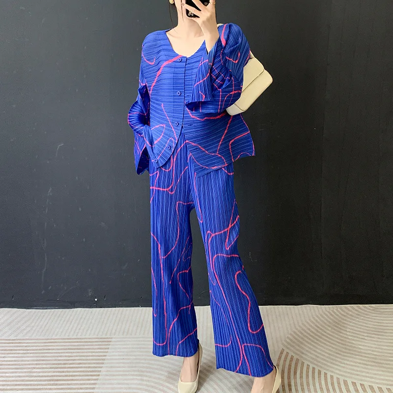 

ANLAN 2026, Новое поступление, комплект с плиссированными рукавами и круглым вырезом, топ с длинными рукавами + повседневные прямые брюки, модные комплекты из двух предметов 7A163