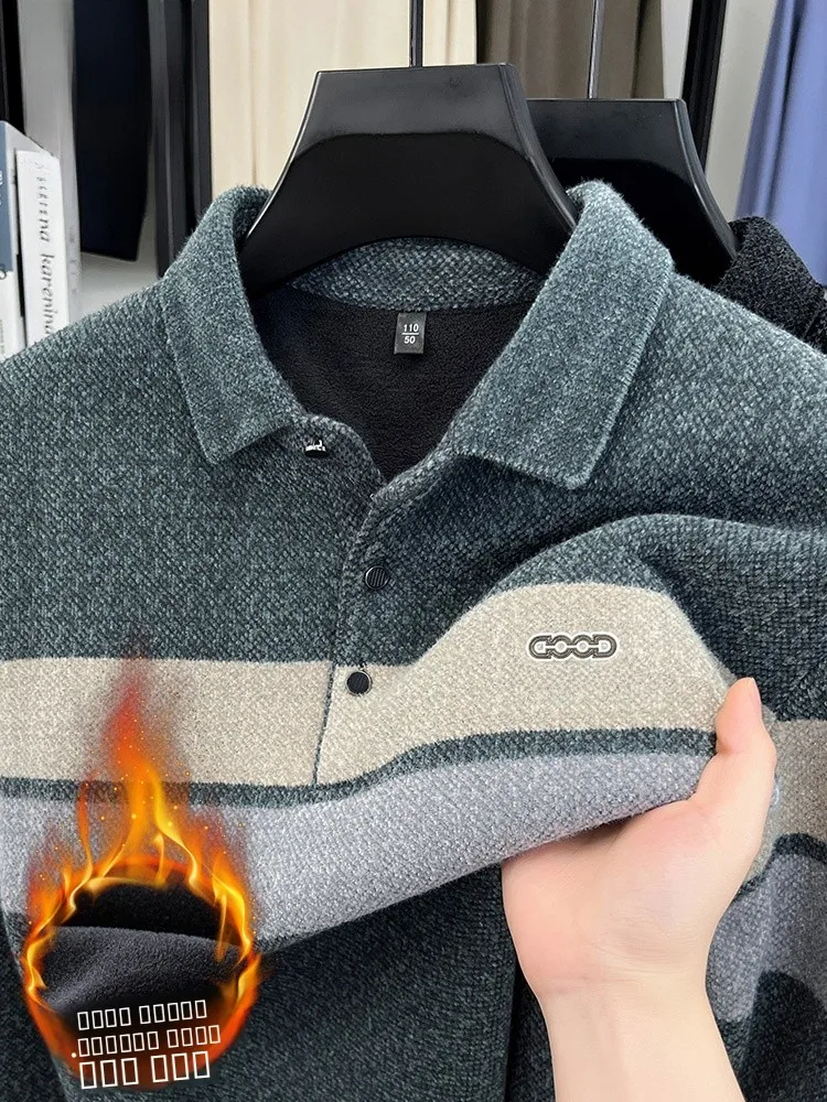 

Lormen Men's Thiened Fce Lined Knitted Sweater Collared Warm Base Layer Striped Top Trendy Winter Clothing Busin Casual
