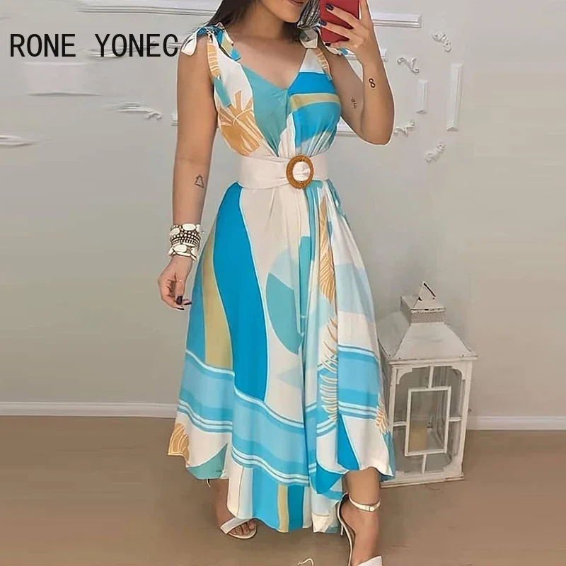Women Elegant Dress Tropical Print V Neck Tie Up Maxi Dress With Belt Casual Summer Dress