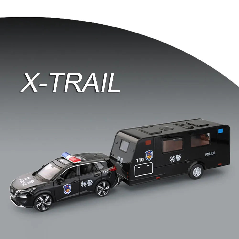 1:32 X-TRAIL Police Cars Models Toys Doors Opened Trailing RV with Light Sound Wheel Pull Back SWAT Motor Home Child Adult Gifts