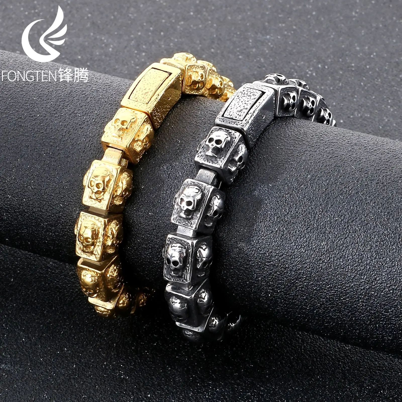 Fongten Men's Skeleton Bracelet Stainless Steel Creative Gentleman Chain Charm Viking Fashion Jewelry Halloween Gifts Wholesale