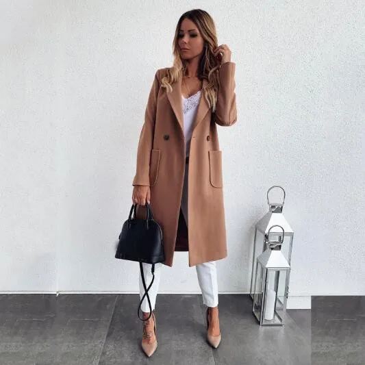 Fashion Women's Pocket Solid Button Lapel Cardigan Long Sleeve Coat Women's Duster Coat Tan Overcoat Women