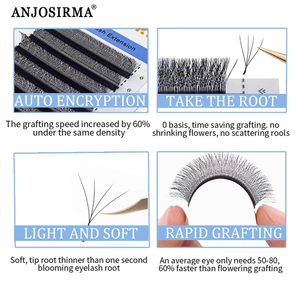 ANJOSIRMA 4D-W 모양 속눈썹 익스텐션, 자연스러운 부드러운 애니메이션 속눈썹, 조립식 밍크 솜털 인조 속눈썹, 메이크업 도구