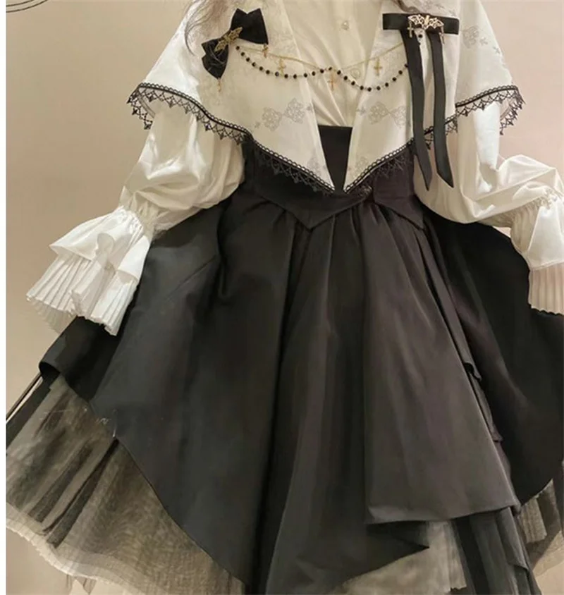 Halloween Gothic Lolita Lantern Sleeve Shirt Waist Lolita SK Half Skirt Evening Prayer Song Sister Coswear Y2K Costume