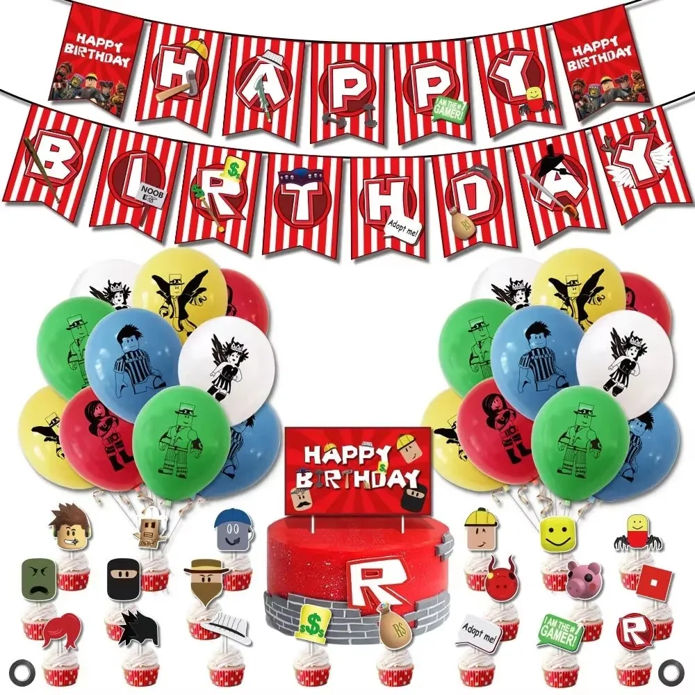 New ROBLOX Birthday Party Decoration Pull Flag Banner Balloon Cake Topper Set Party Supplies Girls Kids Boys Favor Gift Game DIY